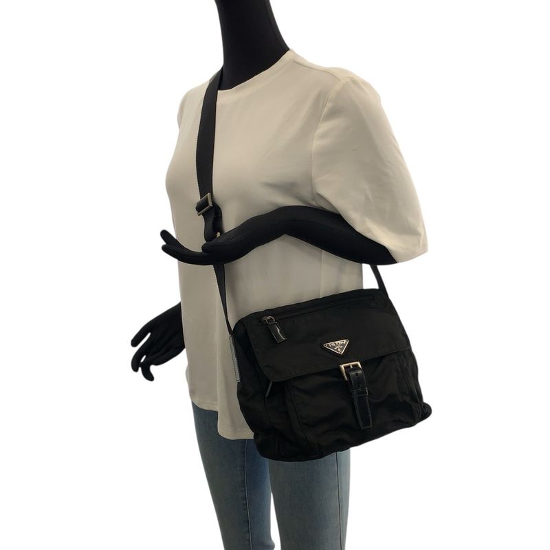Prada Tessuto Triangle Logo Plate Black Silver Hardware Nylon Leather Shoulder
