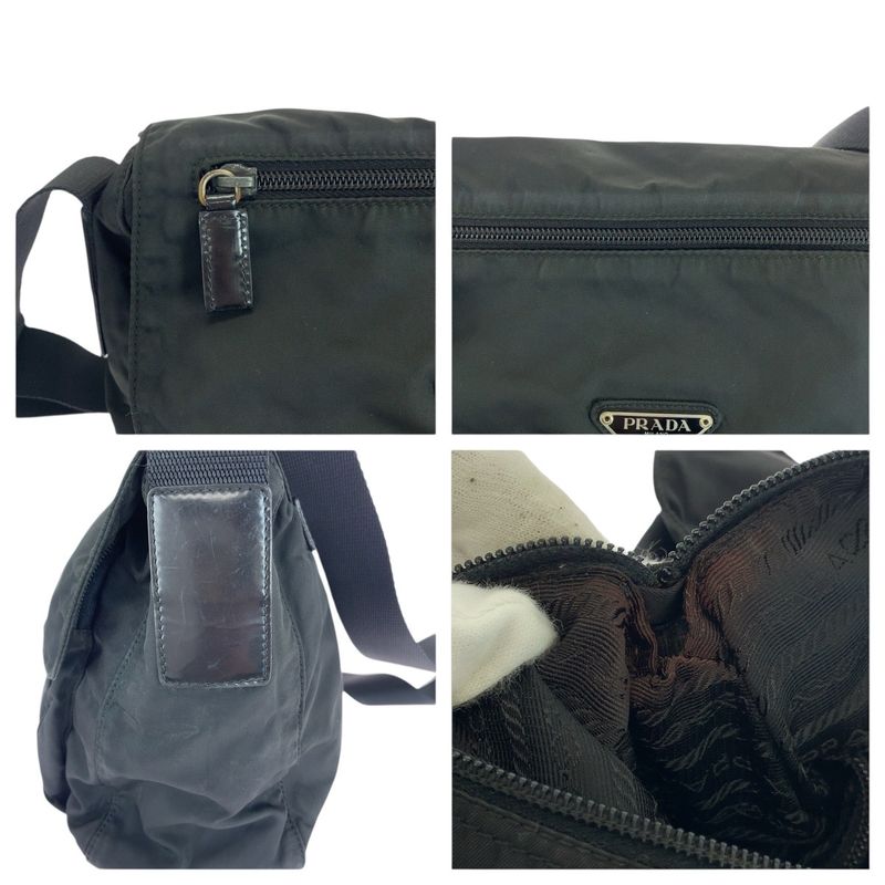 Prada Tessuto Triangle Logo Plate Black Silver Hardware Nylon Leather Shoulder