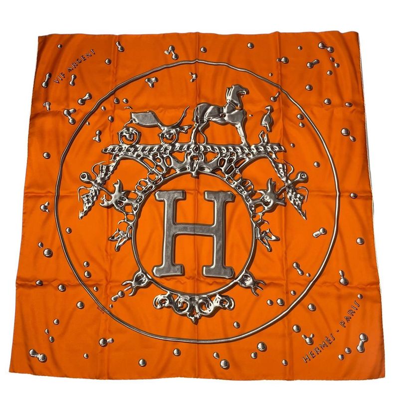 Hermes Carré 90 Vif Argent Silver Drop Scarf Silk Orange with Box