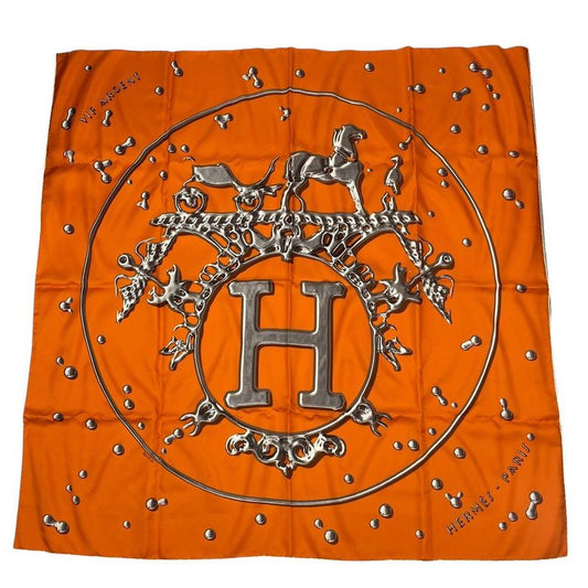 Hermes Carré 90 Vif Argent Silver Drop Scarf Silk Orange with Box