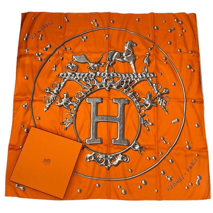 Hermes Carré 90 Vif Argent Silver Drop Scarf Silk Orange with Box
