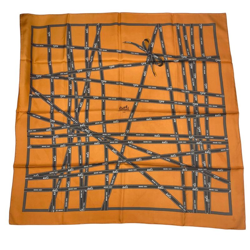 Hermes Scarf Carré 90 Bolduc Ribbon Pattern Bolduc Orange with Box
