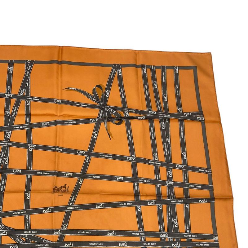 Hermes Scarf Carré 90 Bolduc Ribbon Pattern Bolduc Orange with Box