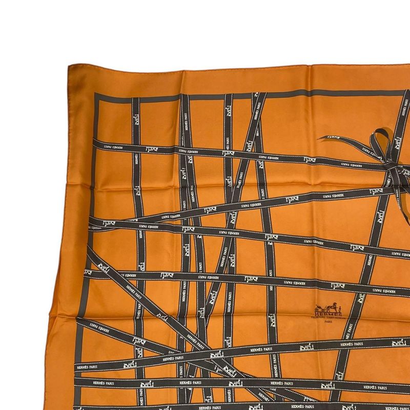 Hermes Scarf Carré 90 Bolduc Ribbon Pattern Bolduc Orange with Box