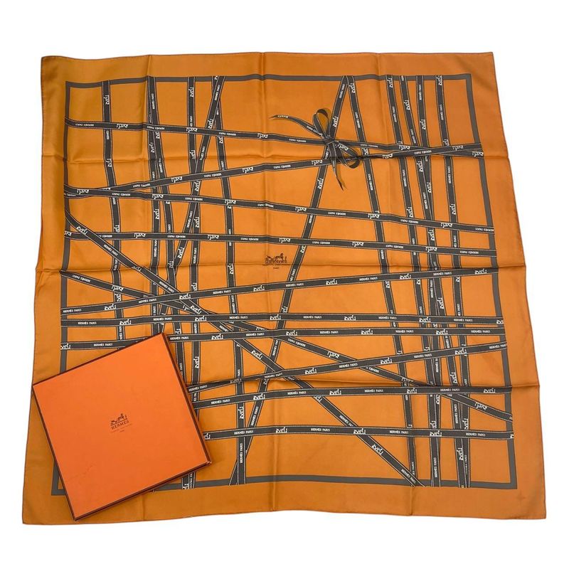 Hermes Scarf Carré 90 Bolduc Ribbon Pattern Bolduc Orange with Box