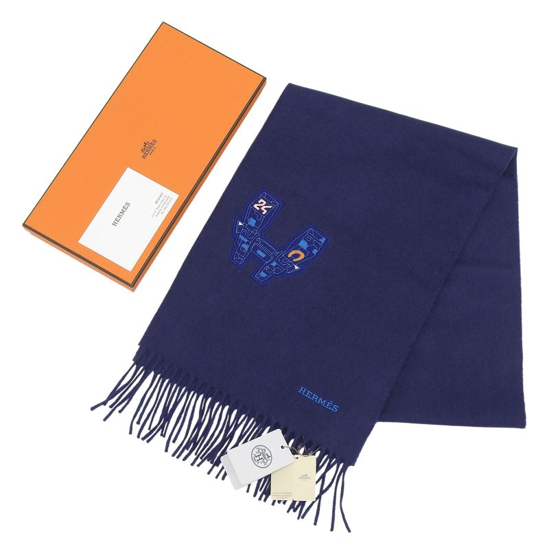 Hermes Imprime Hermes Odysee 100% Cashmere H Logo Design Fringed Scarf Navy