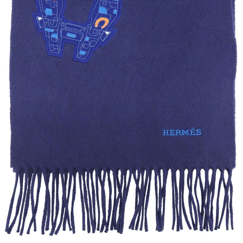 Hermes Imprime Hermes Odysee 100% Cashmere H Logo Design Fringed Scarf Navy