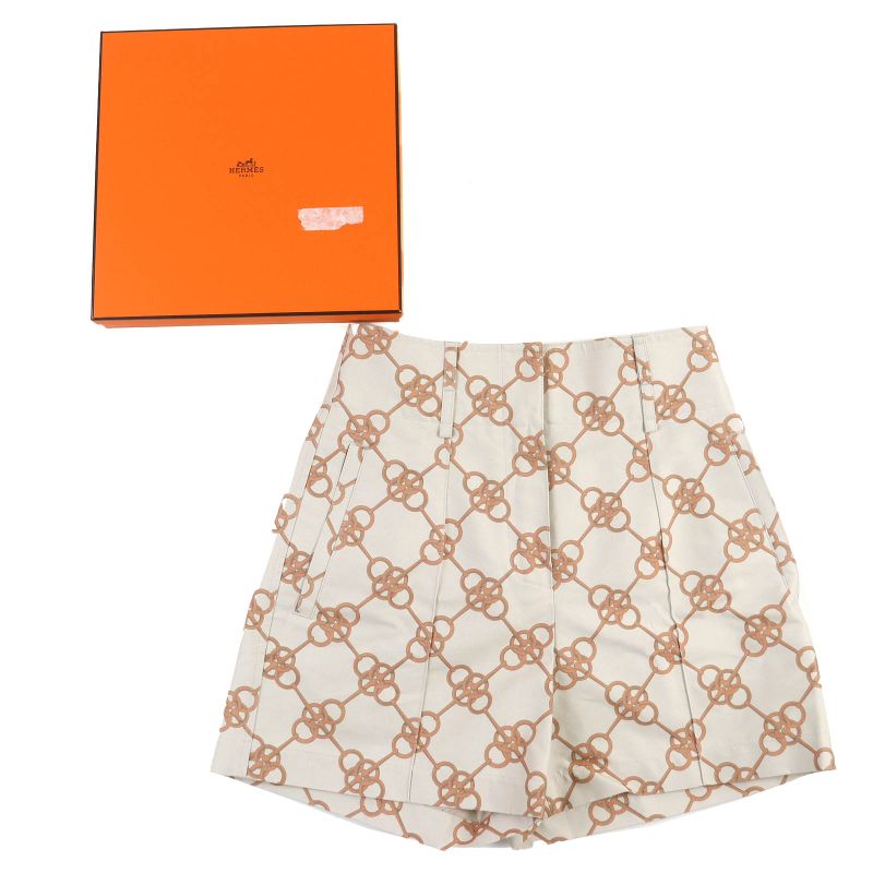 Hermes 2e0456dx Cotton Bit Pattern Design Shorts Beige Brown 34 Made in Italy