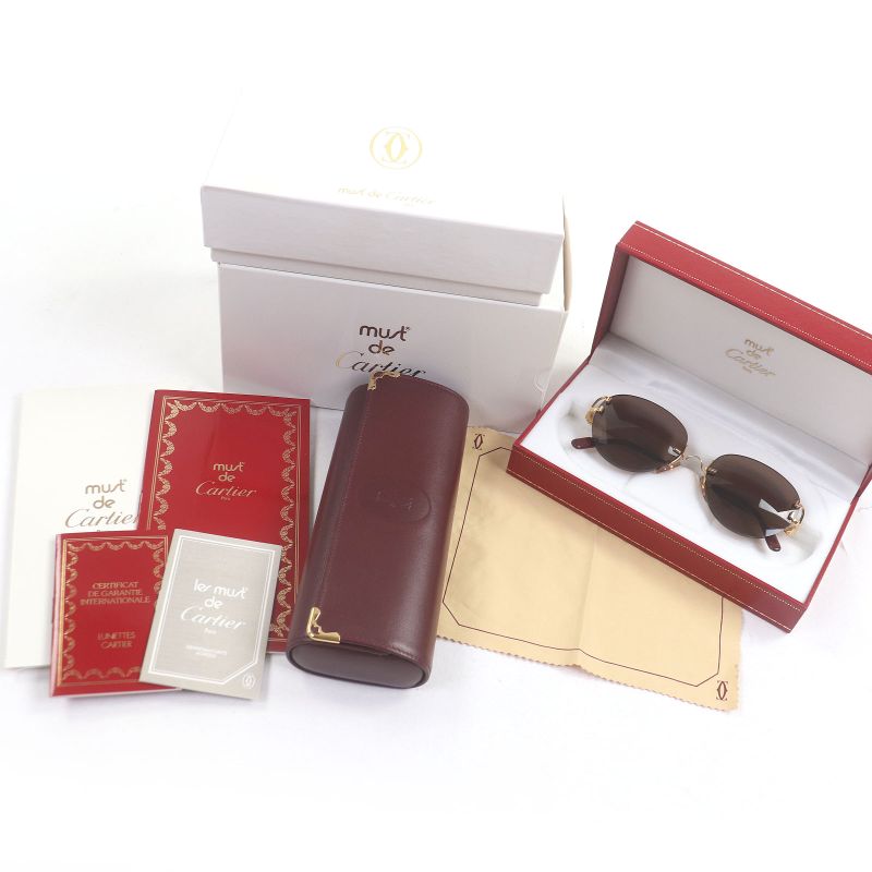 Cartier Rimless Two Point Sunglass Es Eyewear Brown Gold 16 with Box and Case