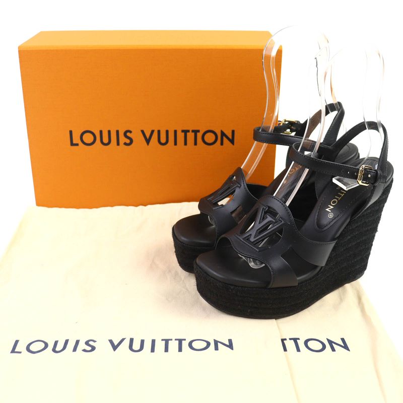 Louis Vuitton LV Isola Line Ankle Strap Espadrille Wedge Sole Leather Sandals