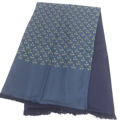 Hermes Silk Angora Horse Harness with All Over Pattern Fringe Scarf Shawl Navy