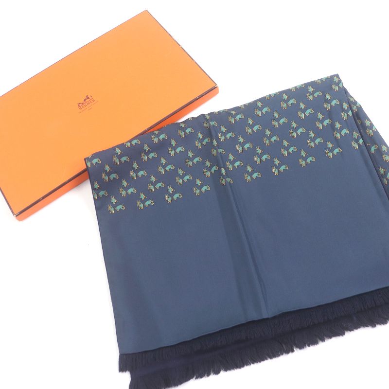 Hermes Silk Angora Horse Harness with All Over Pattern Fringe Scarf Shawl Navy