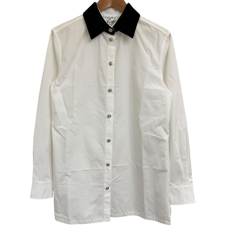 22b Chanel Velour Collar Long Sleeve Blouse Shirt Size 34 White Ladies Used
