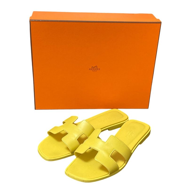 Hermes Oran Flat Sandals Size 37 Approx 23.5cm (9.25in) Yellow Ladies Used