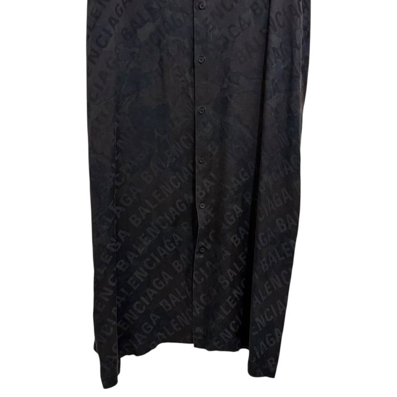 Balenciaga Logo Jacquard Button Down Long Length Silk Shirt Dress Size 32 Black
