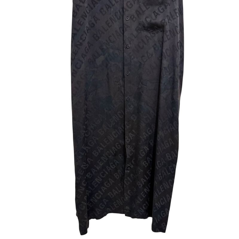 Balenciaga Logo Jacquard Button Down Long Length Silk Shirt Dress Size 32 Black