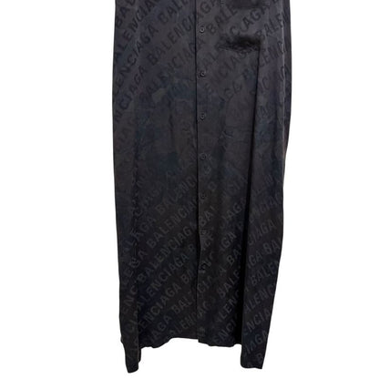 Balenciaga Logo Jacquard Button Down Long Length Silk Shirt Dress Size 32 Black