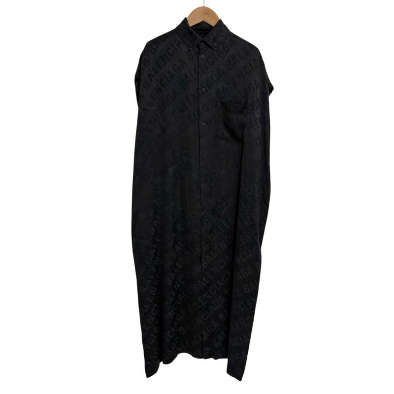 Balenciaga Logo Jacquard Button Down Long Length Silk Shirt Dress Size 32 Black