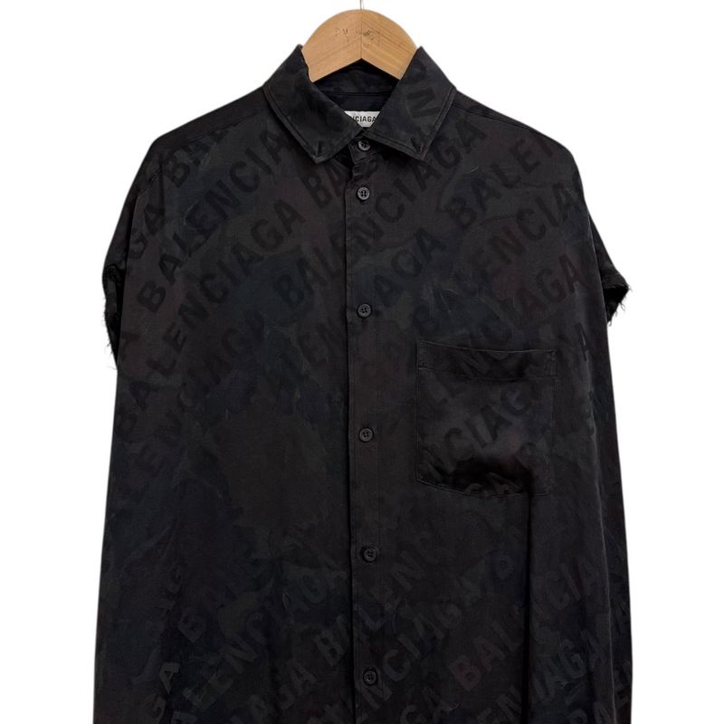 Balenciaga Logo Jacquard Button Down Long Length Silk Shirt Dress Size 32 Black