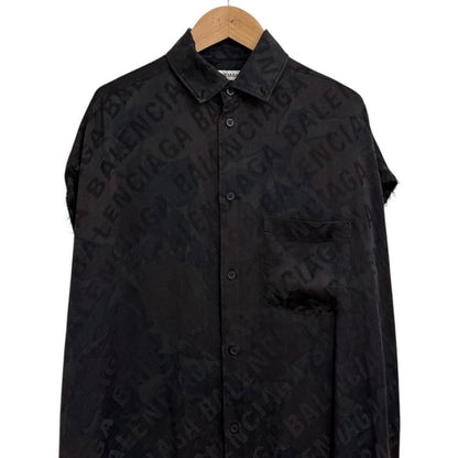 Balenciaga Logo Jacquard Button Down Long Length Silk Shirt Dress Size 32 Black