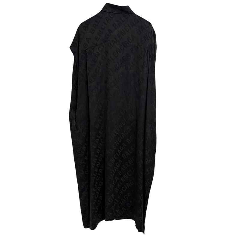 Balenciaga Logo Jacquard Button Down Long Length Silk Shirt Dress Size 32 Black