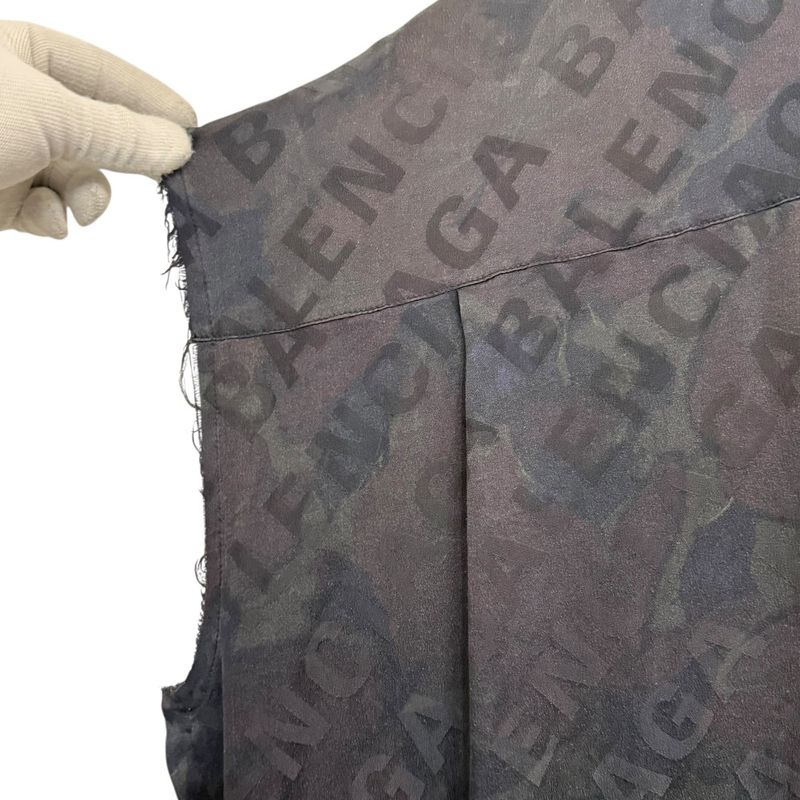 Balenciaga Logo Jacquard Button Down Long Length Silk Shirt Dress Size 32 Black