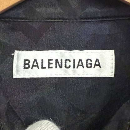 Balenciaga Logo Jacquard Button Down Long Length Silk Shirt Dress Size 32 Black