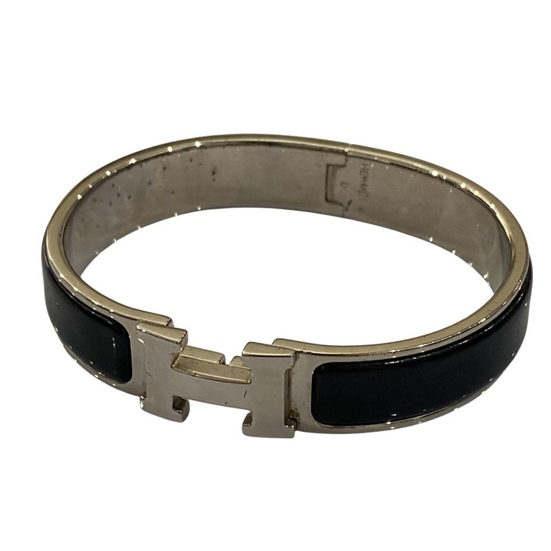 Good Hermes Click H PM Enamel Bracelet Bangle Black Silver Color Ladies