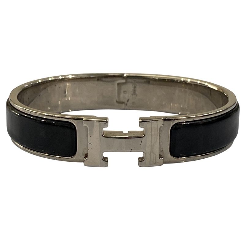 Good Hermes Click H PM Enamel Bracelet Bangle Black Silver Color Ladies