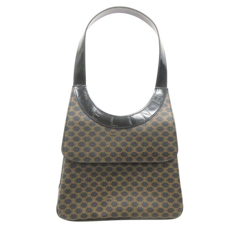 Celine Macadam Pattern One Shoulder Hand Bag Leather Logo Vintage Brown Black