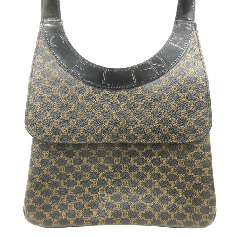 Celine Macadam Pattern One Shoulder Hand Bag Leather Logo Vintage Brown Black