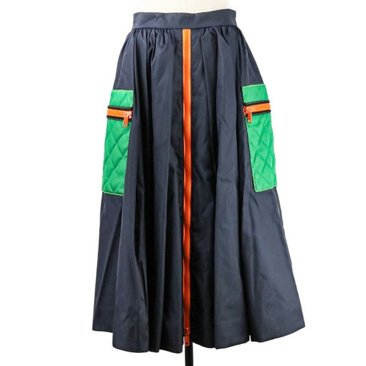 Prada Quilted Pockets Nylon Flared Skirt 21y753 Size 42 Navy Women's Preowned