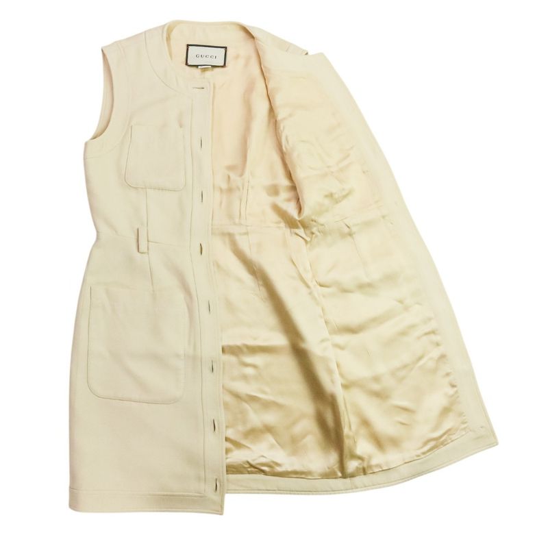 Good Gucci Double G Buckle Cady Silk Wool Long Vest Dress 609245 Size 36 Ivory