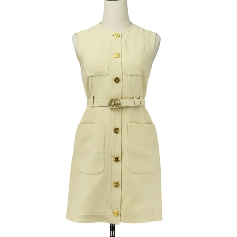 Good Gucci Double G Buckle Cady Silk Wool Long Vest Dress 609245 Size 36 Ivory