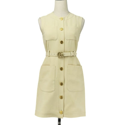 Good Gucci Double G Buckle Cady Silk Wool Long Vest Dress 609245 Size 36 Ivory