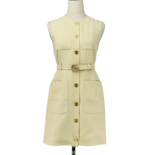 Good Gucci Double G Buckle Cady Silk Wool Long Vest Dress 609245 Size 36 Ivory