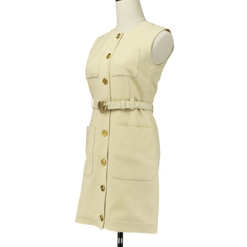 Good Gucci Double G Buckle Cady Silk Wool Long Vest Dress 609245 Size 36 Ivory