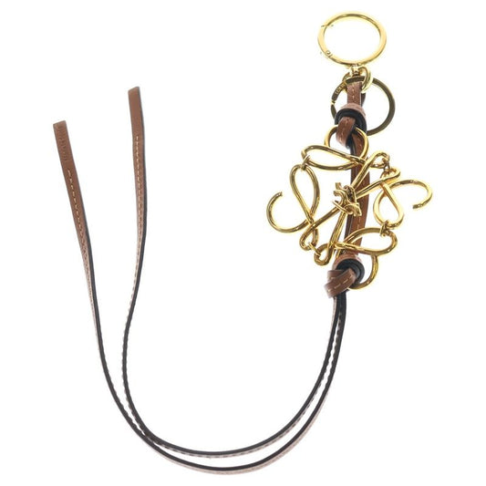 Loewe Anagram Logo Key Holder Key Ring Bag Charm Brown Gold Hardware Leather