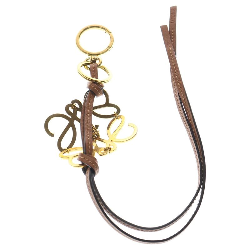 Loewe Anagram Logo Key Holder Key Ring Bag Charm Brown Gold Hardware Leather