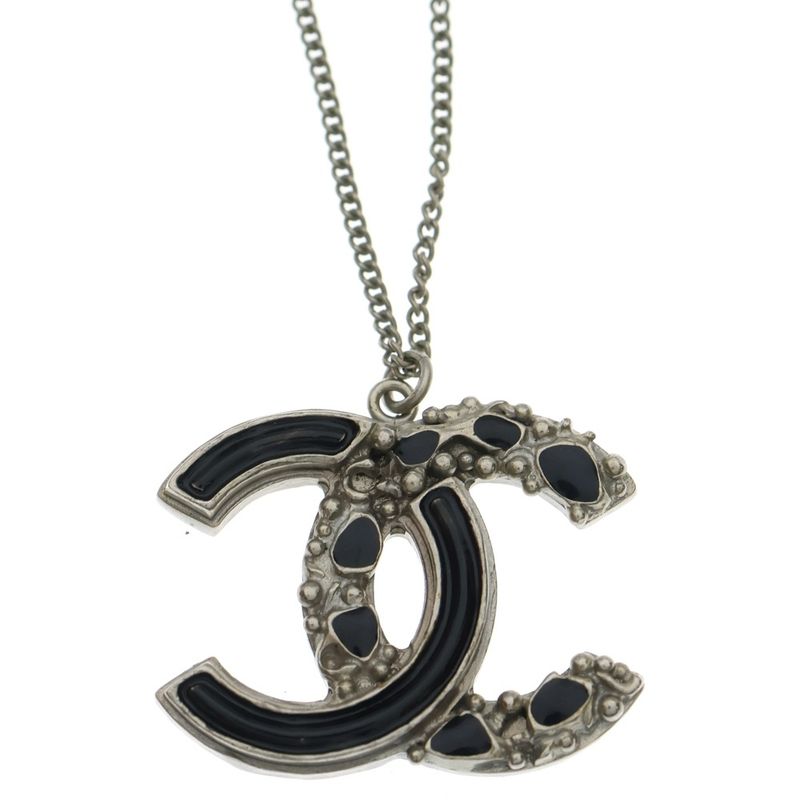 Chanel Coco Mark Necklace Black and Silver Pendant B12a