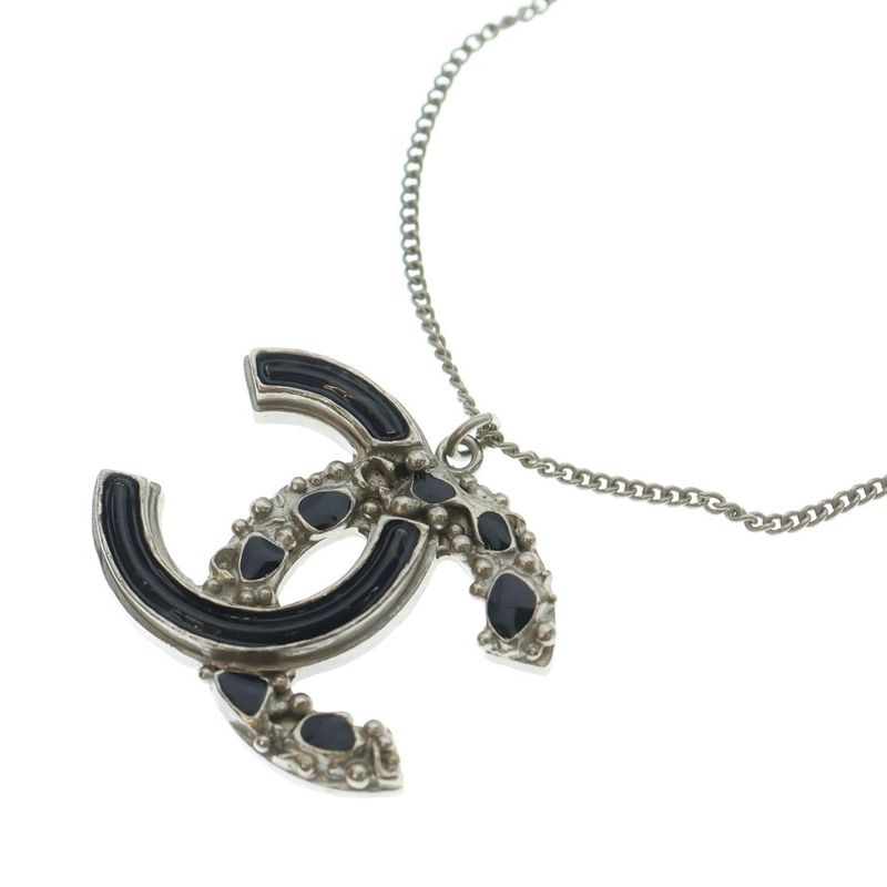 Chanel Coco Mark Necklace Black and Silver Pendant B12a