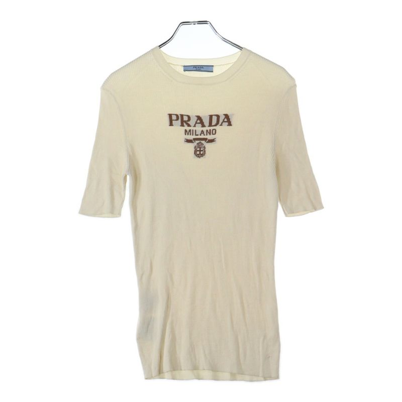 Prada Logo Silk Crew Neck Short Sleeve Knit Sweater Women's Ivory P24t1f S222