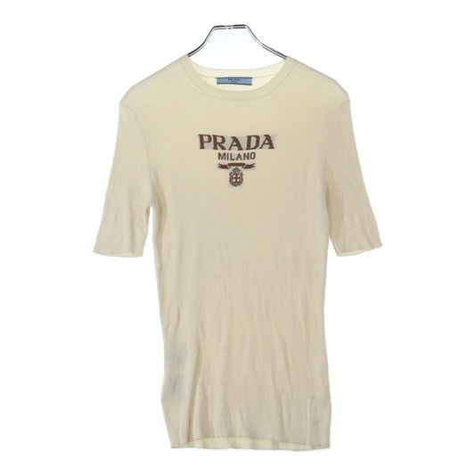Prada Logo Silk Crew Neck Short Sleeve Knit Sweater Women's Ivory P24t1f S222