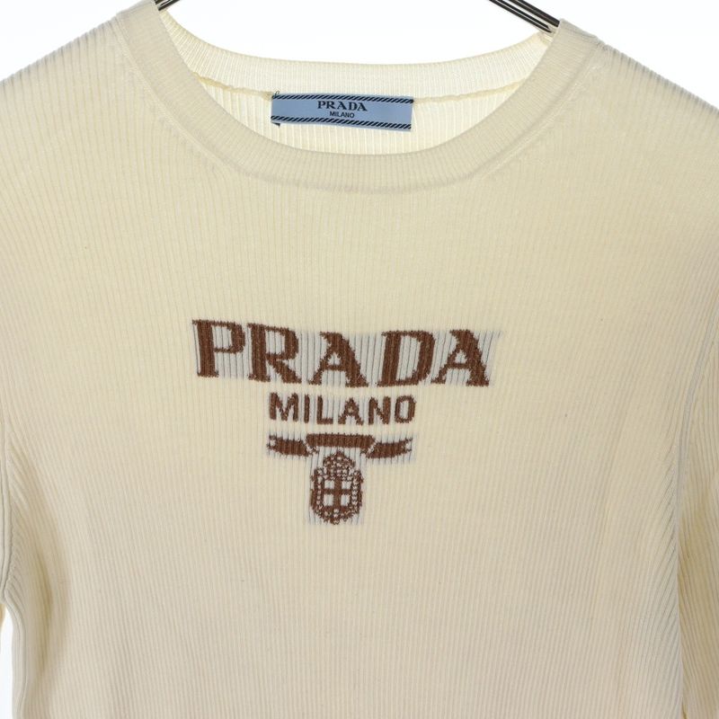 Prada Logo Silk Crew Neck Short Sleeve Knit Sweater Women's Ivory P24t1f S222