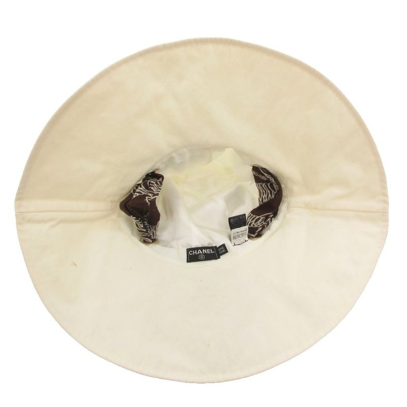Chanel Hat Wide Brim Hat with Scarf Back Ribbon Made in Italy F White Brown Gv