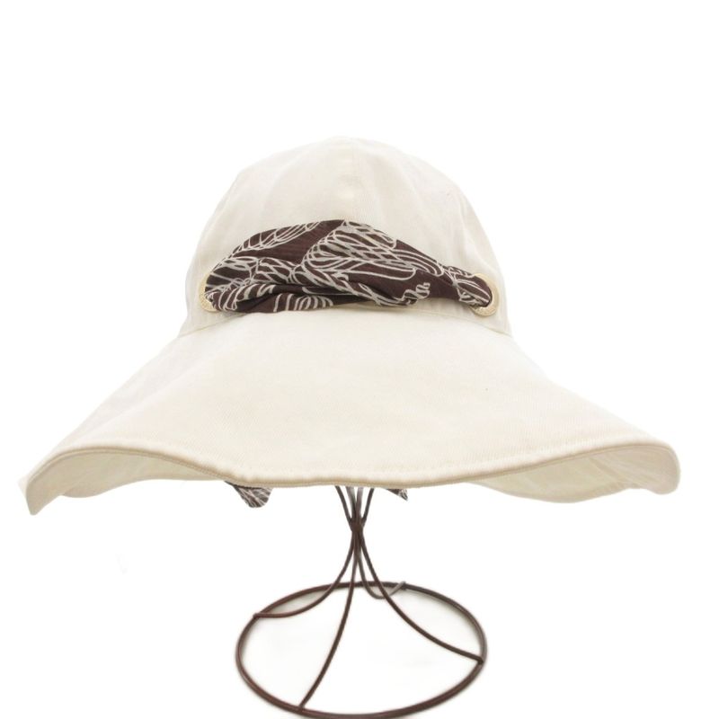 Chanel Hat Wide Brim Hat with Scarf Back Ribbon Made in Italy F White Brown Gv