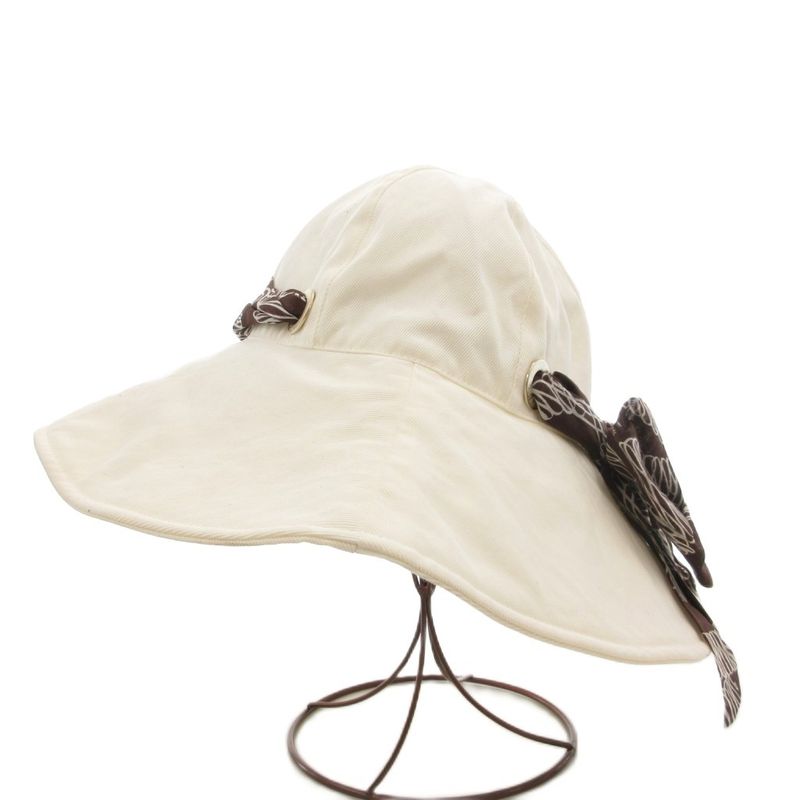 Chanel Hat Wide Brim Hat with Scarf Back Ribbon Made in Italy F White Brown Gv