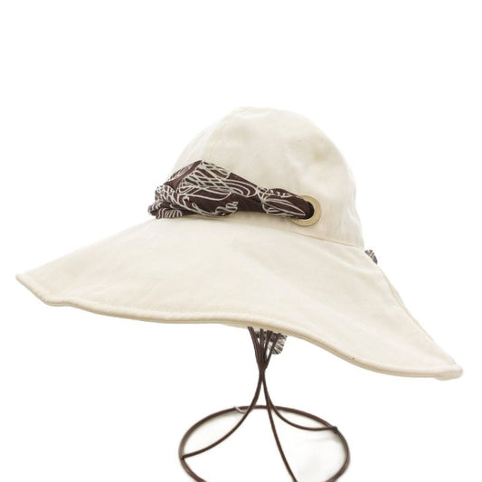 Chanel Hat Wide Brim Hat with Scarf Back Ribbon Made in Italy F White Brown Gv