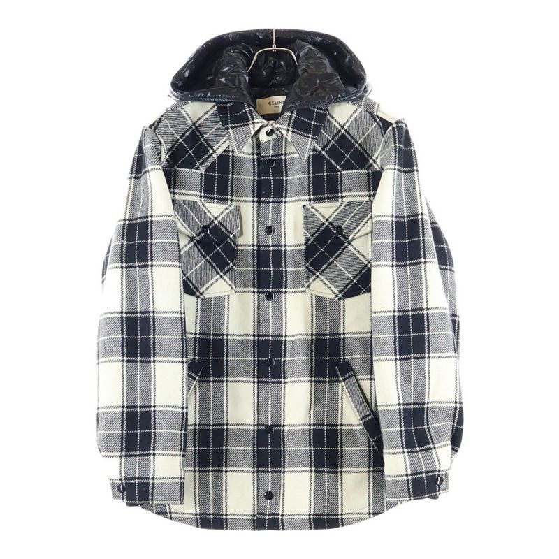 Celine 21aw Quilted Flannel Shirt Hooded Logo Blouson Hooded Jacket 2w4100010