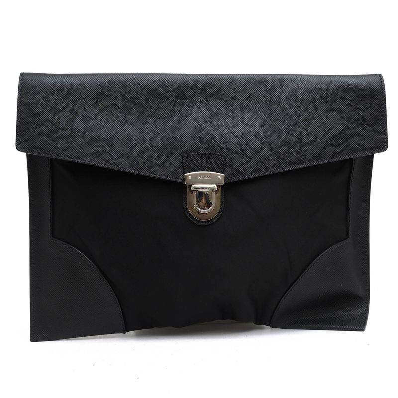 Prada Bag Second Bag Clutch Bag Men Bag Nylon Leather Genuine Leather Black